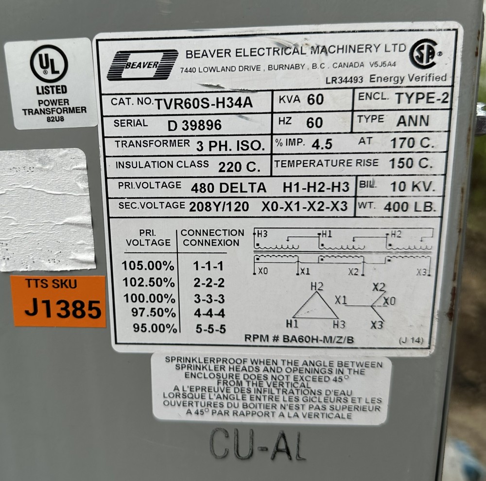 60 KVA 480 Delta Primary, 208Y/120 Secondary, Beaver ANN, Dry-Type Isolated Transformer, Type 2 - Image 1