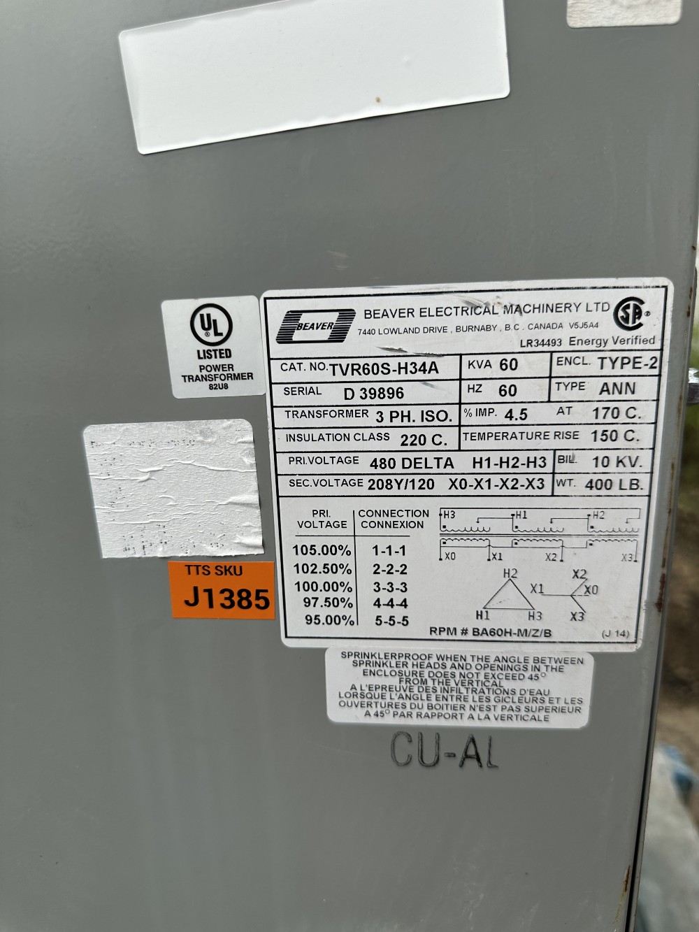 60 KVA 480 Delta Primary, 208Y/120 Secondary, Beaver ANN, Dry-Type Isolated Transformer, Type 2 - Image 4