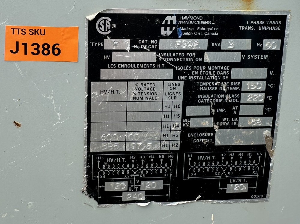 3 kVA 600 Delta Primary, 120/240 Secondary, Hammond, Type F Isolation Transformer - Image 1