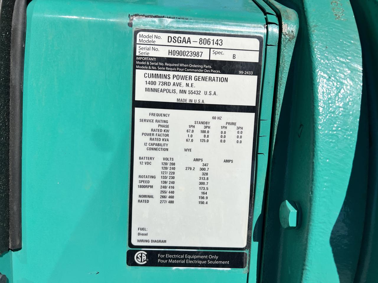100 KW Cummins/Onan #DSGAA-806143, Diesel Generator Set, 277/480 Volt, 1800 RPM, Cummins QSB7-G3 engine - Image 10