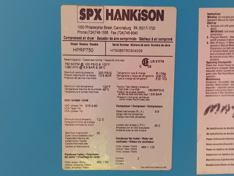 750 scfm, 200 psig, Hankison #HPRP750, Refrigerated Compressed Air Dryer, R-134a refrigerant, 120&deg;F max. - Image 2