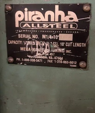 1/4" x 10' Piranha #M1/4-10, Hydraulic Power Squaring Shear, 20 HP, 1999 - Image 2
