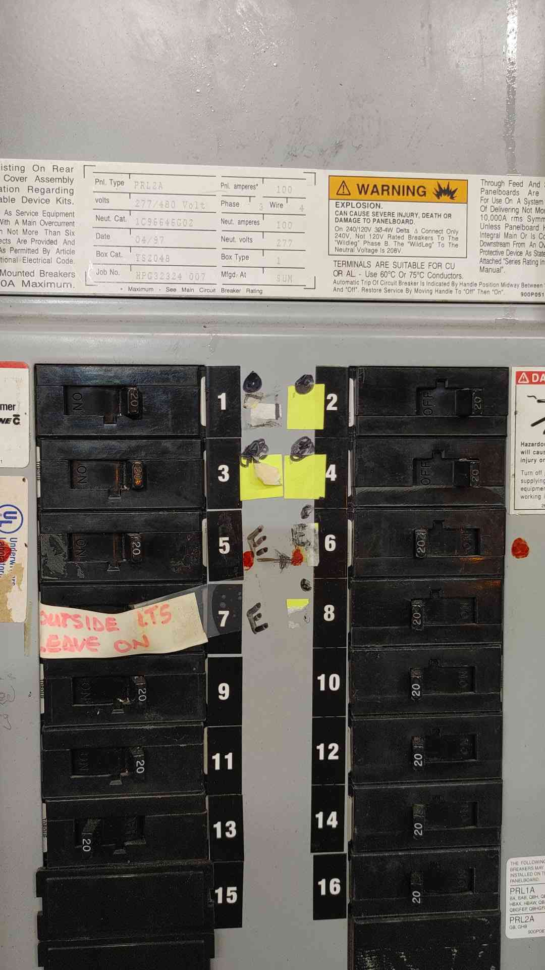 100 Amp. Cutler-Hammer, PRL2A, panelboard, 480 Volts, 3 Phase, EHD3100 main, 15x 20A GHB breakers - Image 3