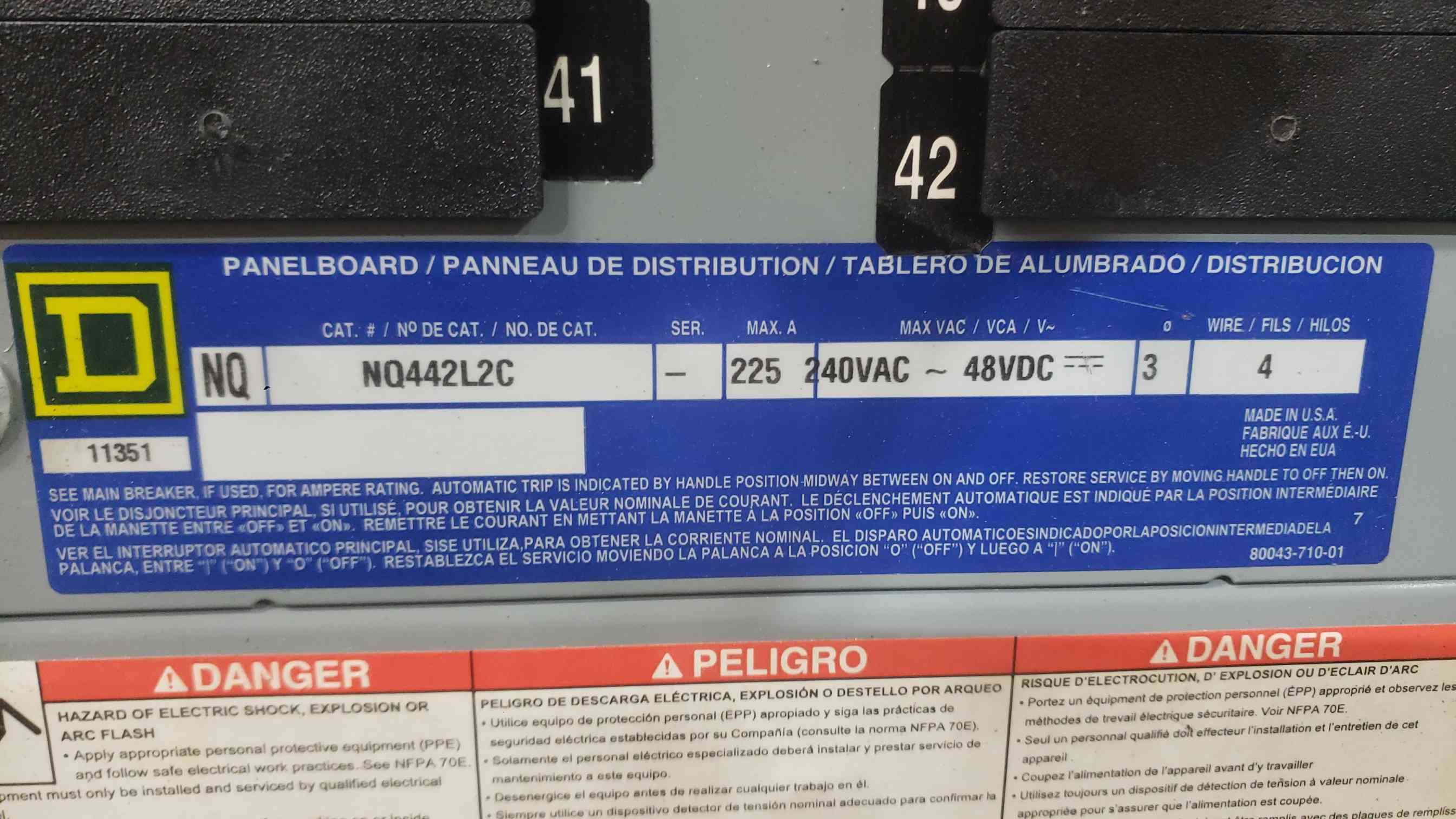 225 Amp. Square D, NQ442L2C, panelboard, 120/208 Volts, 3 Phase, 42 circuit, w/ 23 QO breakers - Image 8
