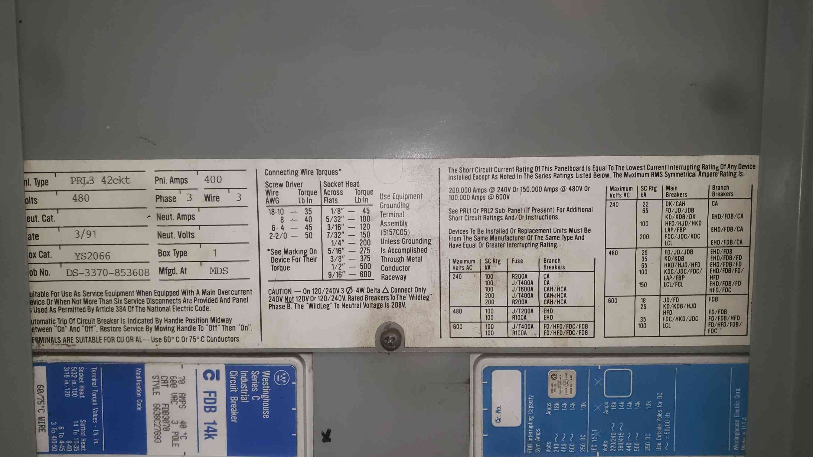 400 Amp. Westinghouse, PRL3, main breaker panelboard, 480 Volts, 3 Phase, 42 circuit, Series C FDB - Image 6