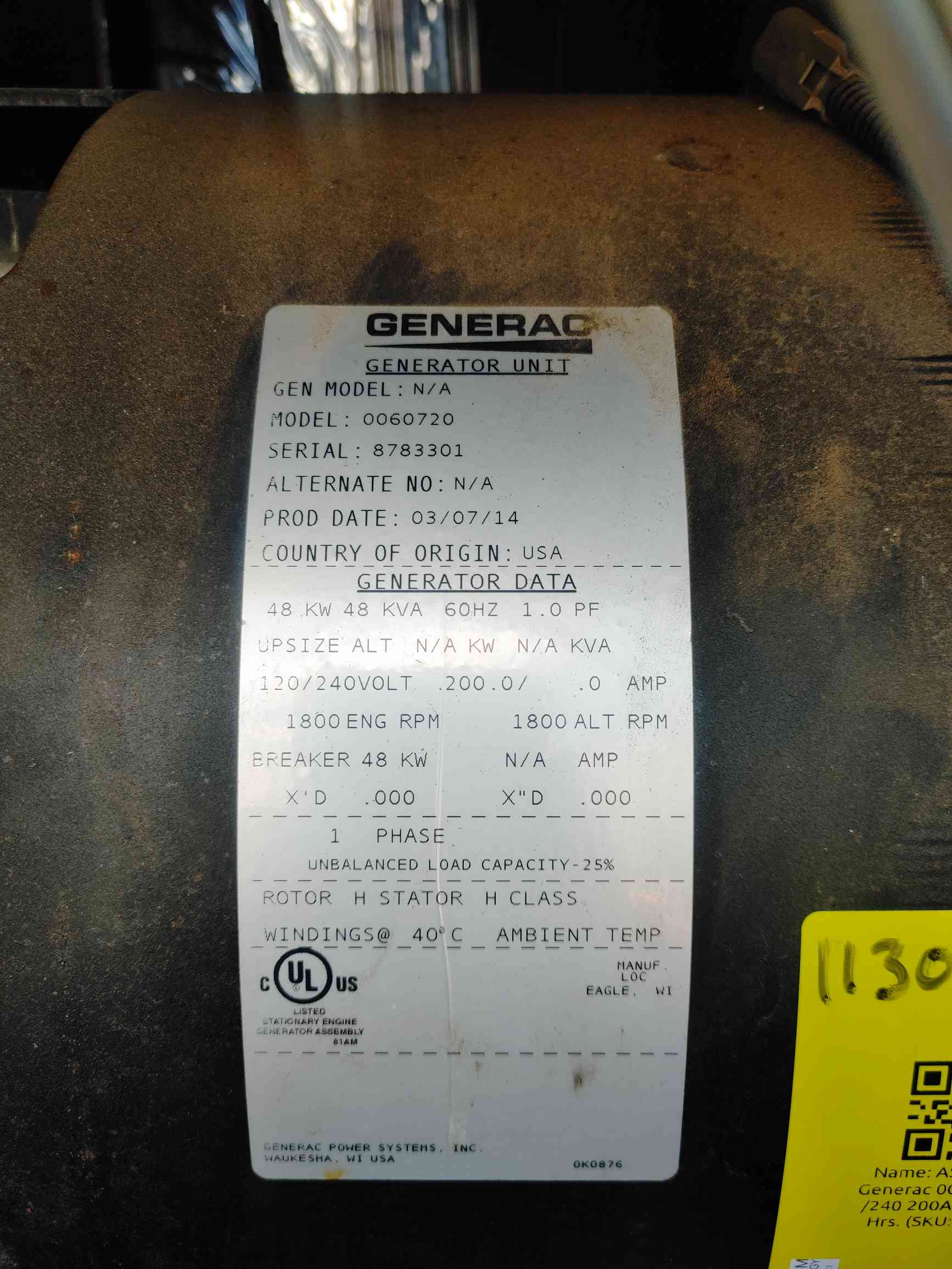 48 KW Generac #0060720, diesel generator, 120/240 Volts, 1 Phase, 87 hours - Image 9