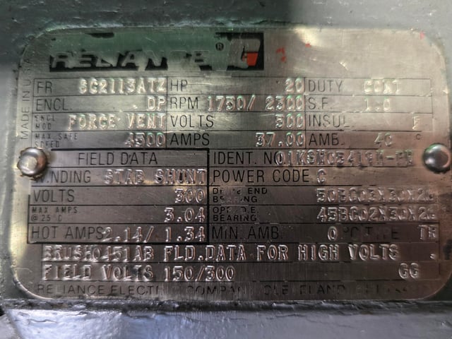 20 HP 1800 RPM Reliance, Frame SC2113ATZ, DPFVBB, 500 VA, 300/150 VF - Image 3