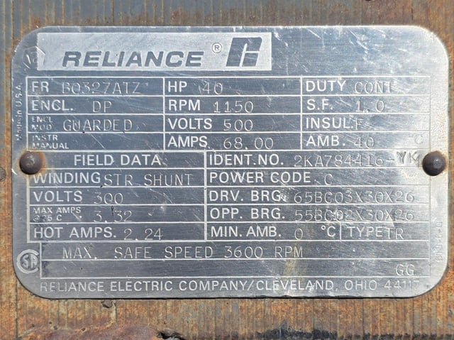 40 HP 1200 RPM Reliance, Frame B0327ATZ, Drip-Proof Ball Bearing, 500 VA, 300 VF - Image 2