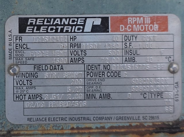 40 HP 1200 RPM Reliance, Frame LC2512ATZ, DPFVBB, 500 VA, 300 VF - Image 2