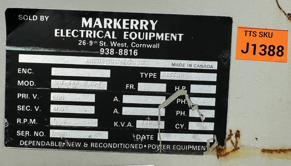 112 KVA 600 Primary, 480 Secondary, REX Mfg., auto transformer, 3-phase, 60Hz - Image 1