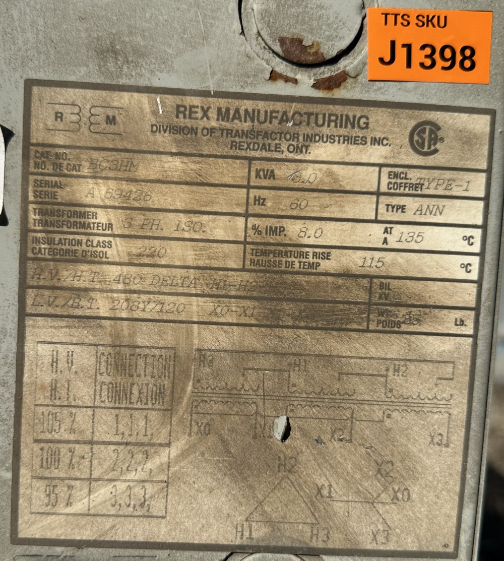 3 KVA 480 Delta Primary, 208Y/120 Secondary, Rex Mfg. (Transfactor Industries Inc.), Dry Type Transformer - Image 1