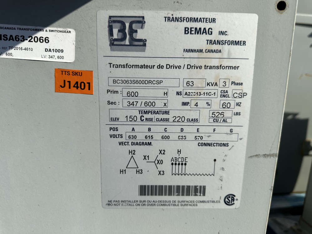 63 KVA 600 Delta Primary, 347Y/600 Secondary, Bemag Inc. Drive Transformer, Isolation, 3-Phase, 60 Hz - Image 1