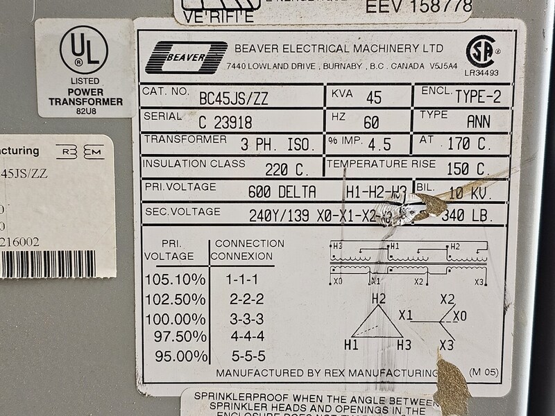 45 KVA 600 Delta Primary, 240Y/139 Secondary, Beaver #BC45JS/ZZ, Dry Type Isolation Transformer, Nema 2 - Image 2