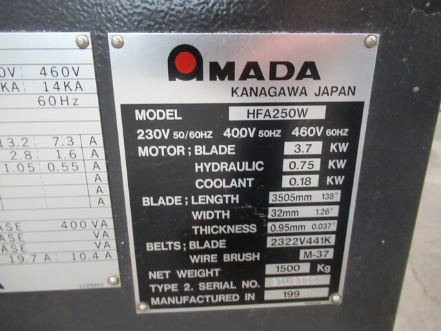 10" x 11" Amada #HFA250W, Programmable Auto Horiz Bandsaw, 1" x.037" x 11' 6" blade, variable speed, 70-262 - Image 9