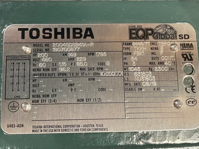 200 HP 1800 RPM Toshiba, Frame 445/7T, TEFC BB, 460 Volts, New Surplus - Image 2