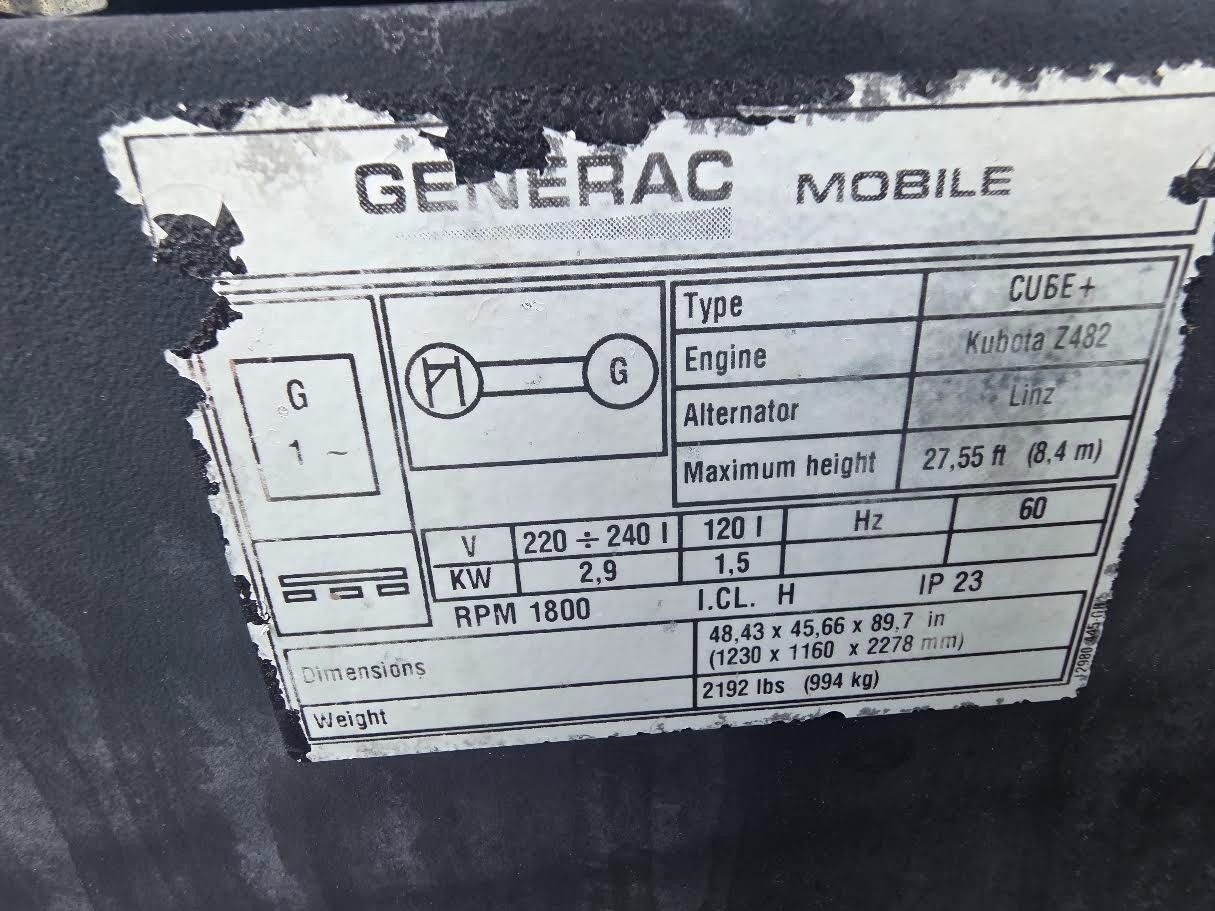 Generac #Cube, 3 KW light tower, 5.1 HP @ 1800 RPM, Kubota Z482 diesel engine, 120/240 Volts, 60 Hz., 64.4 - Image 4