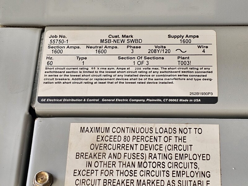 1600 Amp. General Electric, Spectra Series Switchboard, Power Break II 1200 amp main breaker, 208Y/120 Volts - Image 2