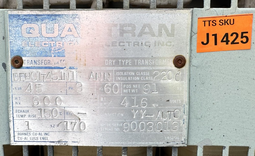 45 KVA 600Y Primary, 416Y Secondary, Quatran Electric Inc., 3-Phase Dry Type Isolation Autotransformer, 60 Hz - Image 1