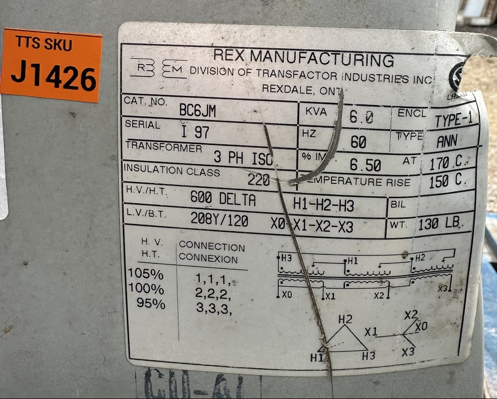 6 KVA 600 Delta Primary, 208Y/120 Secondary, Rex Mfg. (Transfactor Industries Inc.), 3-Phase Isolation - Image 2
