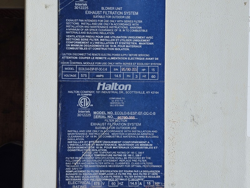 Halton #ECOL-O-6-ESP-EF-OC-C-B, Exhaust Filtration System, 6,000 cfm, 15 HP, 3500 RPM, 9.16" w.g., Danfoss - Image 3