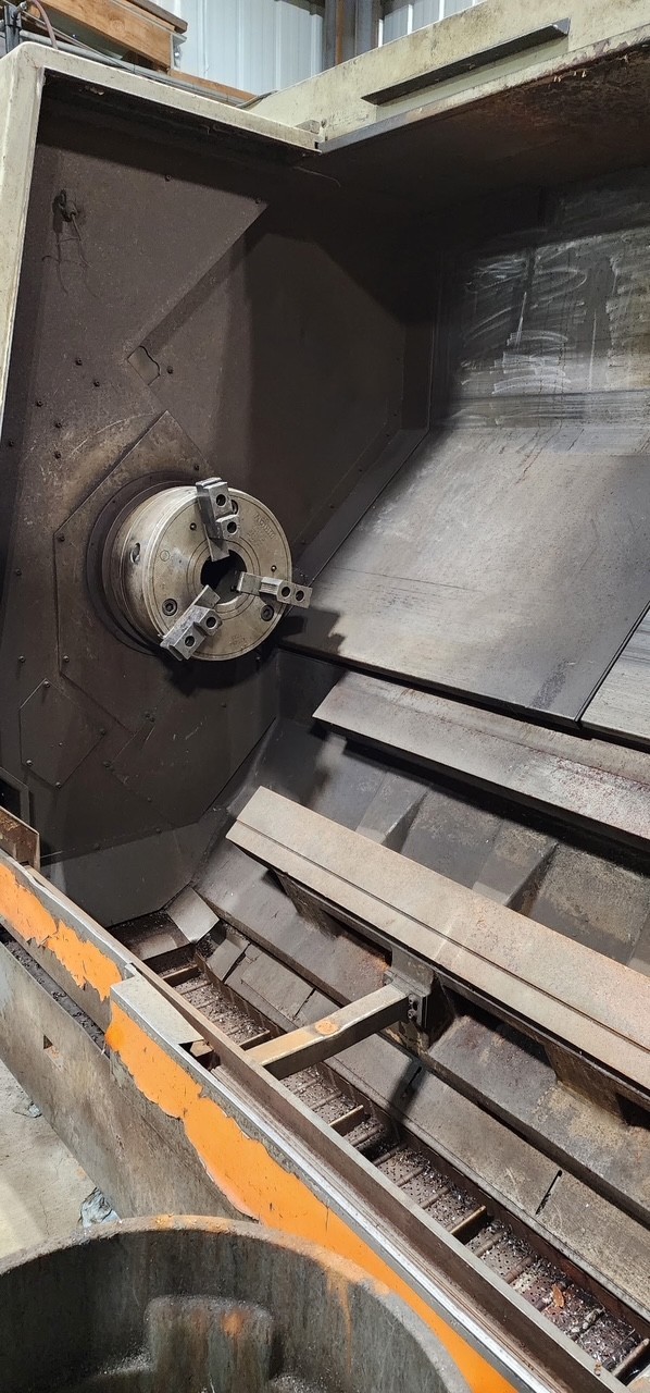 Dainichi #F50, 7" spindle bore, Fanuc 15-T, 80" centers, chip conveyor, live center, 3-jaw 15" chuck, 50 HP - Image 1