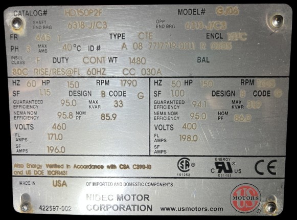 150 HP 1790 RPM U.S. Motors, Frame 445T, 460 Volts, TEFC, AC Induction Motor, Rebuilt - Image 2