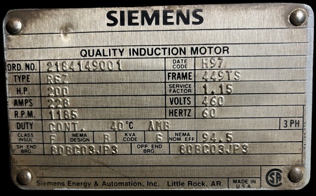 200 HP 1185 RPM Siemens, Frame 449TS, 460 Volts, TEFC, AC Induction Motor - Image 2