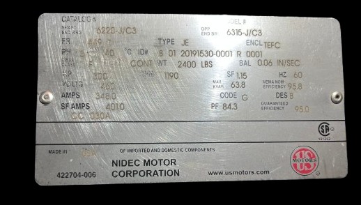 300 HP 1190 RPM U.S. Motors, Frame 449T, 230/460 Volts, TEFC, AC Induction Motor - Image 2