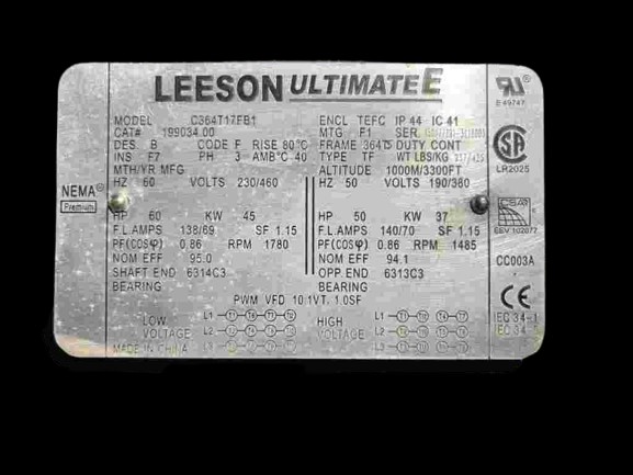 60 HP 1780 RPM Leeson, Frame 364TS, 230/460 Volts, TEFC, AC Induction Motor - Image 2
