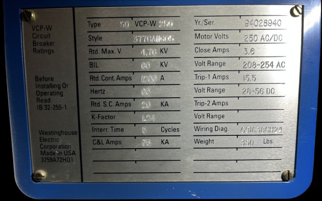 1200 Amps, Westinghouse #50-VCP-W-250, air circuit breaker, 4.76 KV, electrically operated - Image 3