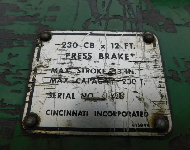 230 Ton, Cincinnati #230CBX12, CNC Hydraulic Press Brake, 14' overall, 1512" between housing, 30 HP, Die - Image 7
