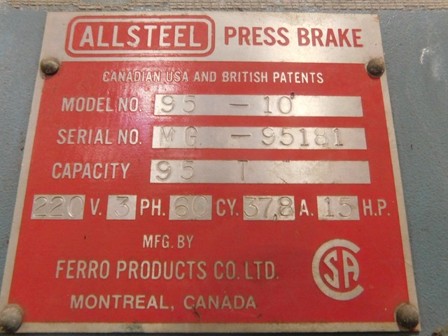 95 Ton, Allsteel #95-10, Hydraulic Press Brake, 10' overall, Manual Backgauge, Digital Depth Stop - Image 6