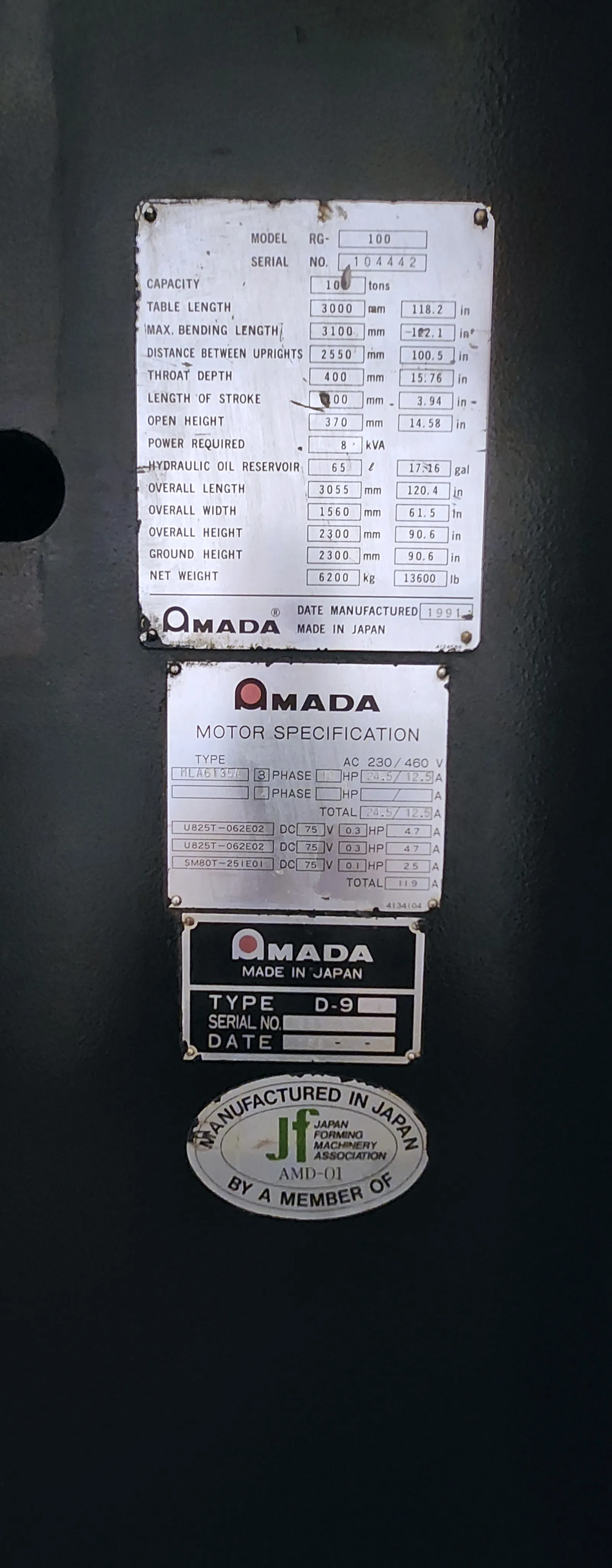 100 Ton, Amada #RG-100, hydraulic press brake, 10.2' overall, 100.39" between housing, 3.94" stroke, 15.75" - Image 3