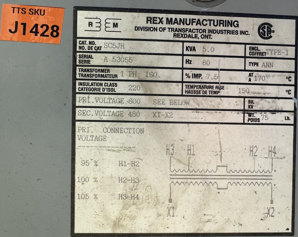 5 KVA 600 Primary, 480 Secondary, Rex Mfg. (Transfactor Industries Inc.) Single-Phase Isolation Transformer - Image 1