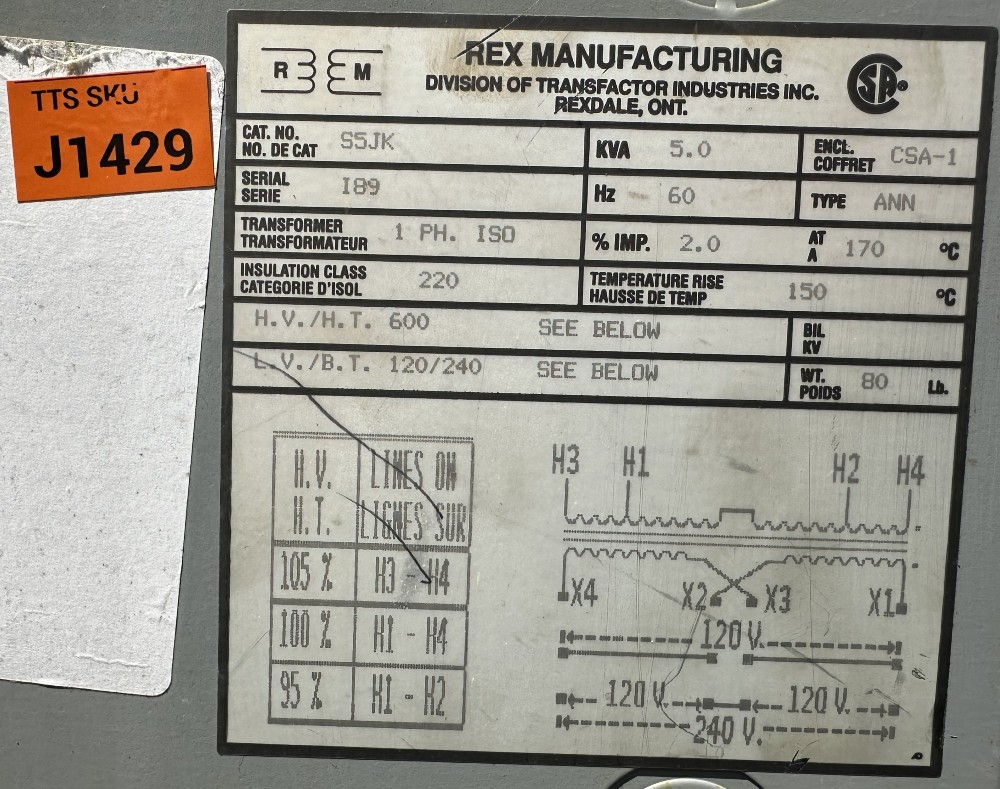 5 KVA 600 Primary, 120/240 Secondary, Rex Mfg. (Transfactor Industries Inc.) Single-Phase Isolation - Image 2