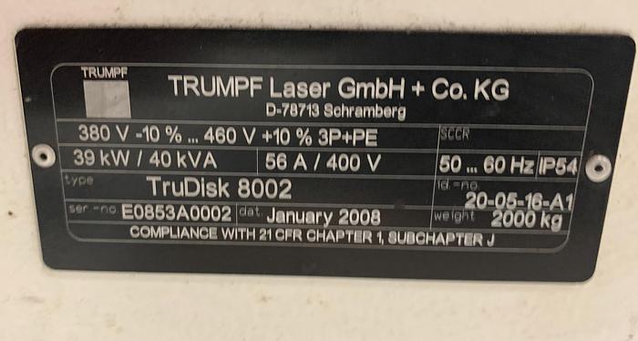 Trumpf Trudisk #8002, Laser Welder, 8000W, IP54, 4 Cables, Compact Size, 2008 - Image 4