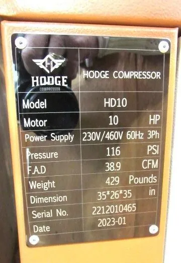 38 CFM, Hodge #HD10, Rotary Screw Air Compressor system, 10 HP, w/ HAD42 Dryer, unused, 2022 - Image 3