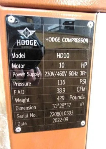 38 CFM, Hodge #HD10, Rotary Screw Air Compressor system, 10 HP, w/ HAD42 Dryer, unused, 2022 - Image 4