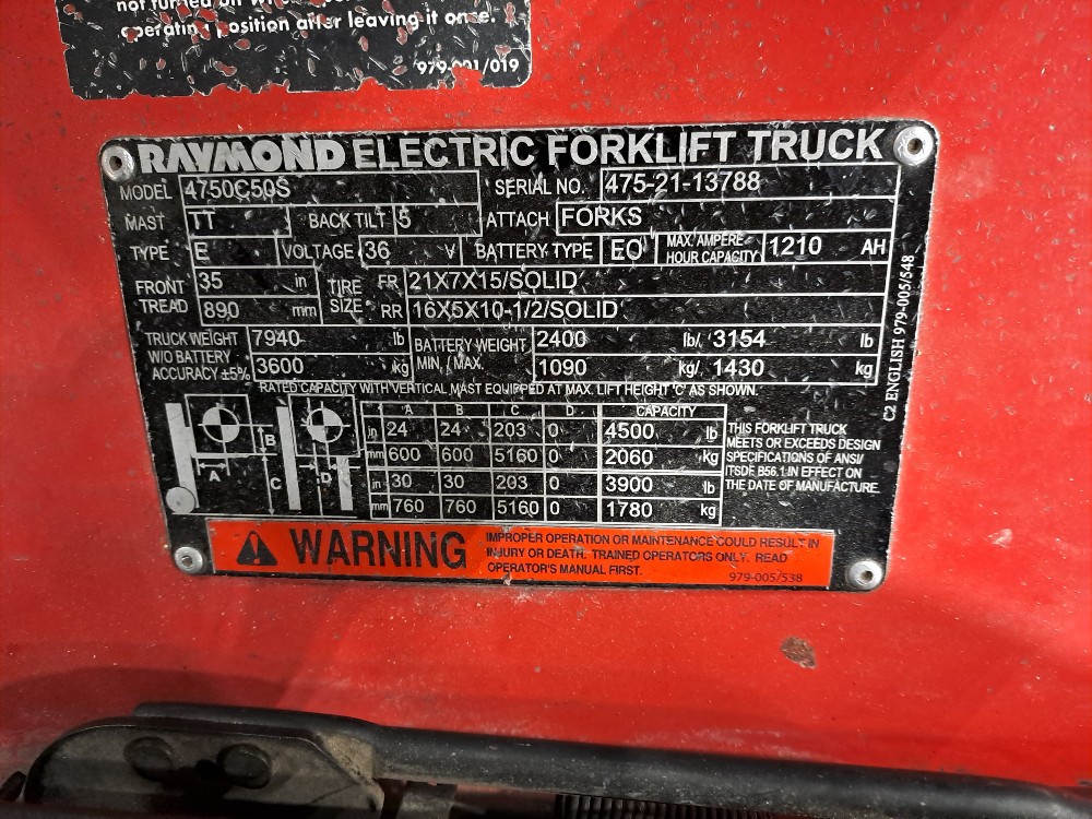 4000 lb. Raymond #4750C50S, electric forklift, 20' lift height, battery not included, Serial No. 475-21-13788 - Image 9