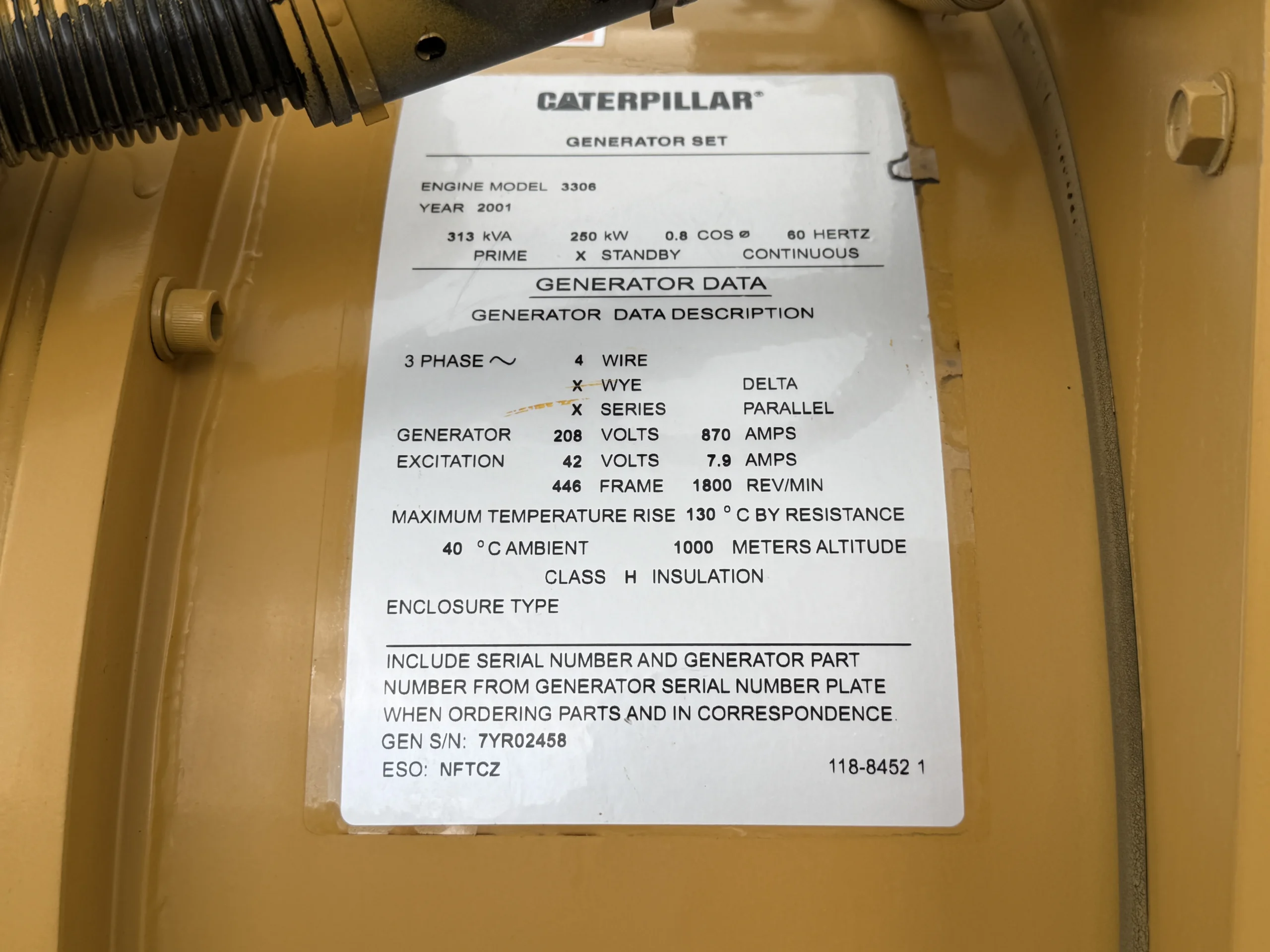 250 KW Caterpillar #3306, diesel generator set, 208 Volts, 3-phase, 574 hours, 382 HP @ 1800 RPM, EPA Tier 1 - Image 9
