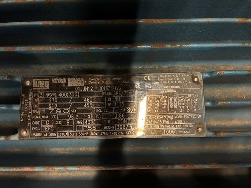 400 HP 1790 RPM WEG #400300JUNCW22, AC Motor, Frame 586/7T, 230/460 Volt, 3PH, 2012 - Image 2