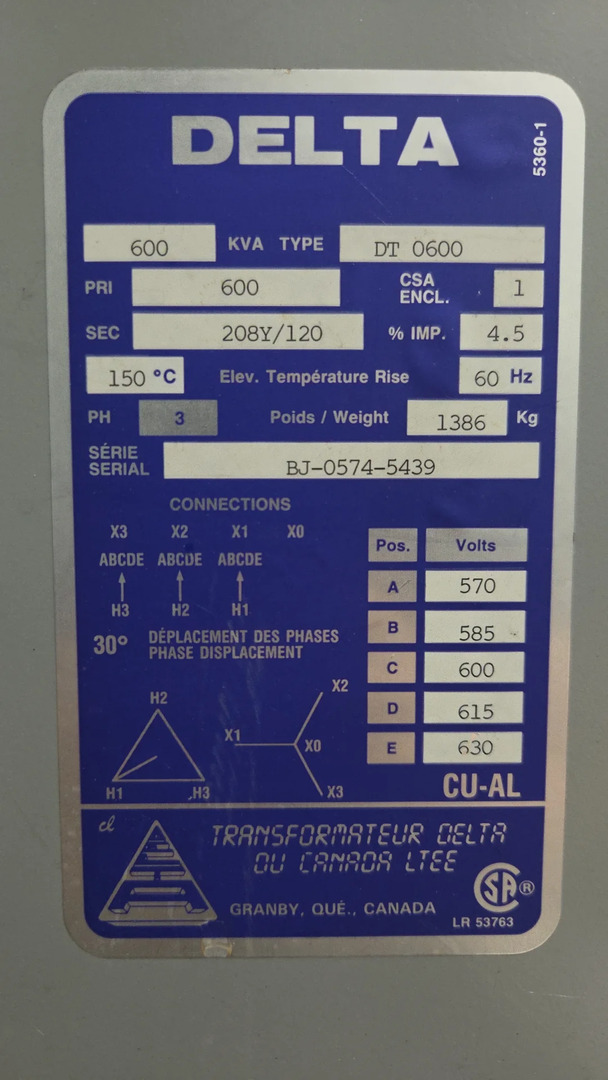 600 KVA 600 Primary, 208/120 Secondary, Delta #DT-0600, Dry Type Isolation Transformer, Nema 1 enclosure, 3PH - Image 2