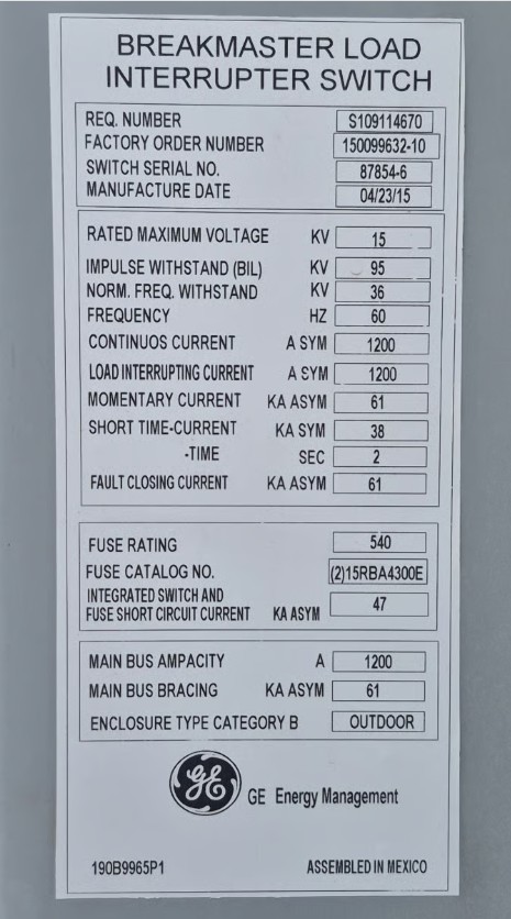 1200 Amp. General Electric, Breakmaster, 15 KV, Fused Outdoor Load Interrupter Switch, 95 KV BIL, 61 kA - Image 2