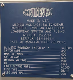 600 Amp. Continental, 15 KV Load Interrupter Switch, Nema 3R, new - Image 2