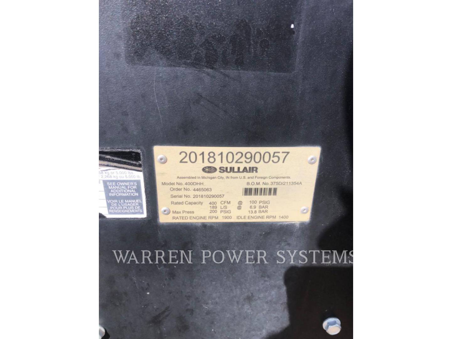 Sullair 400HH T4F, Compressed Air, 3410 hours, S/N: 201810290057, 2018 - Image 5