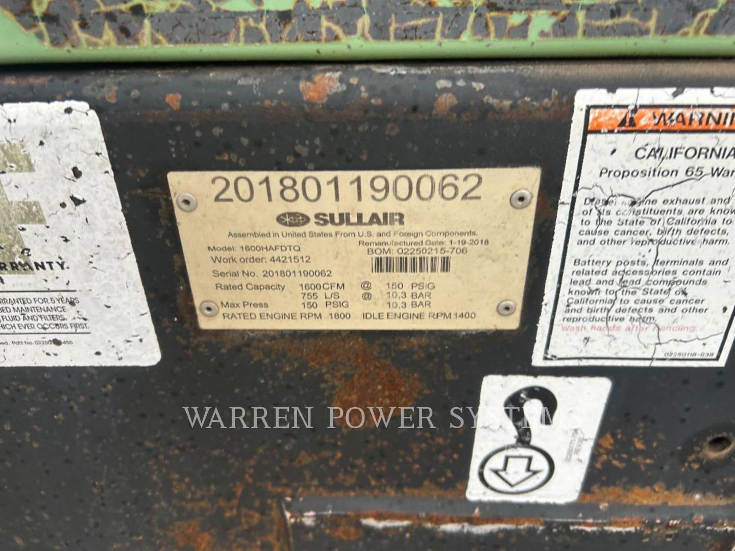 Sullair 1600HAF, Compressed Air, 5259 hours, S/N: 201801190062, 2018 - Image 4