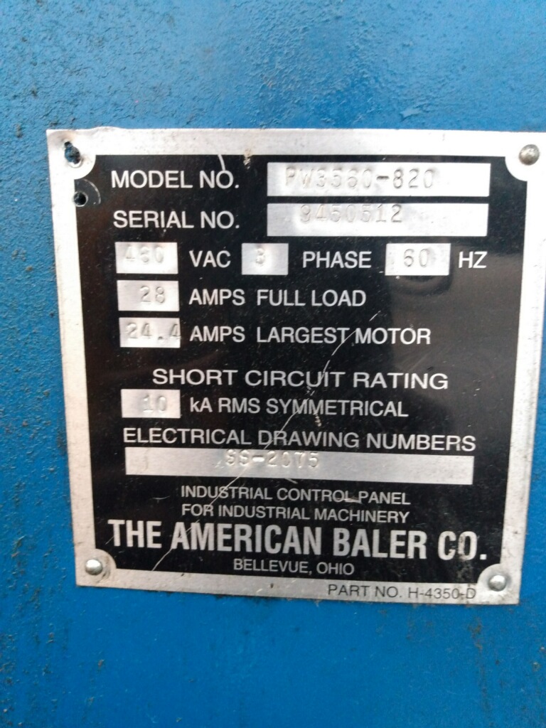 American #PW3560-820, Single Ram Horizontal Baler, adjustable infeed belt & hopper, 460 Volt, 3PH - Image 7