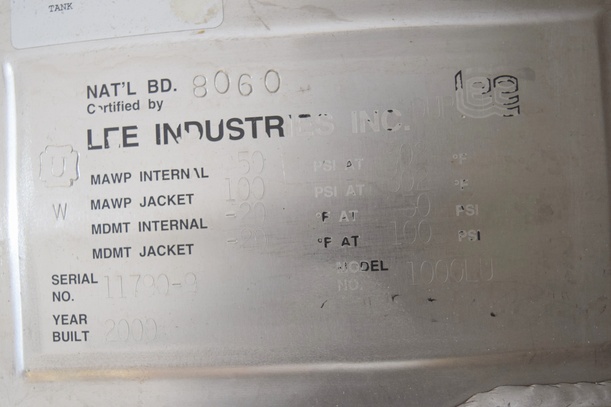 321 gallon Lee Industries #1000LU, Stainless Steel jacketed tank, 50 psi @ 302&deg;F internal, 100 psi jacket - Image 9