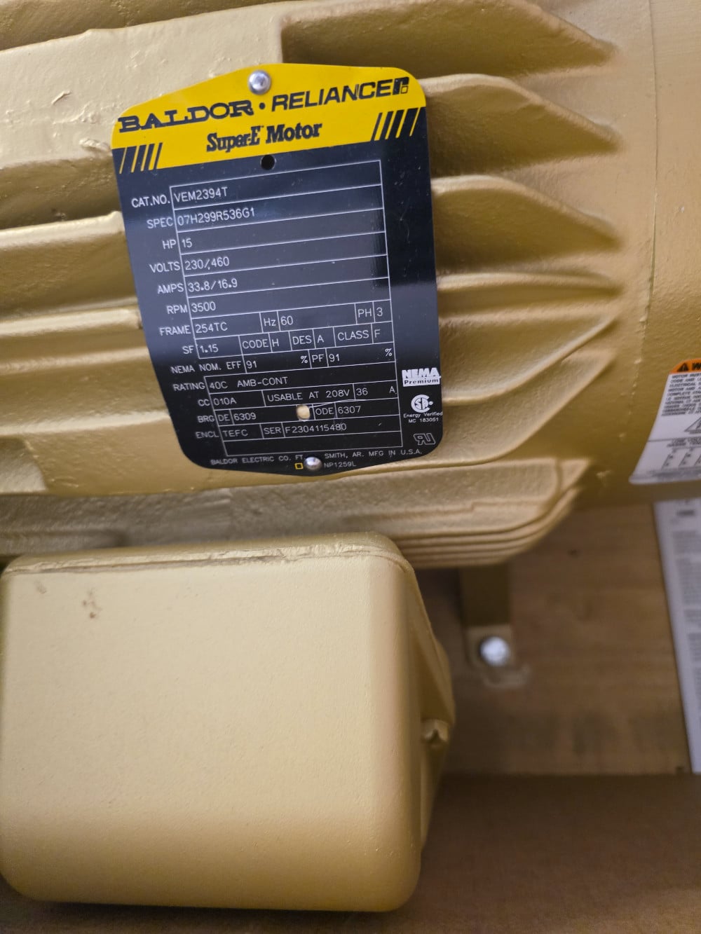 15 HP 3500 RPM Baldor #VEM2394T, Frame 254TC, TEFC, 230/460 Volts, 3 phase, C-Face AC Induction Motor, NEW (2 - Image 5