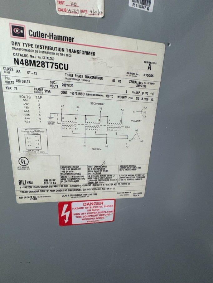 75 KVA 480 Primary, 208/120 Secondary, Cutler-Hammer, Dry Type Transformer, 3PH - Image 3